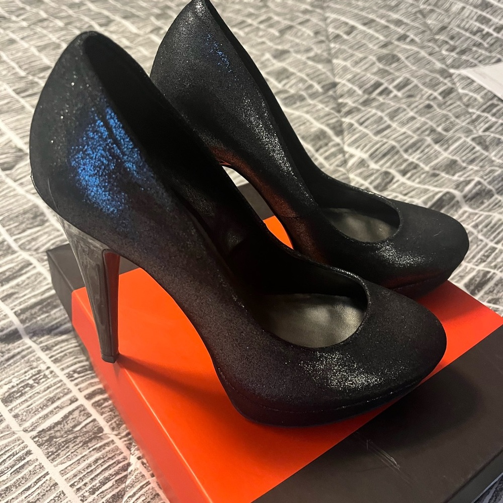 Pewter shimmer fabric heels